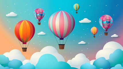 Naklejka premium A whimsical illustration of hot air balloons floating above clouds in a blue and pink sky.