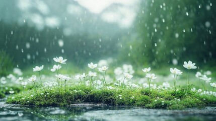 Fototapeta premium Delicate white wildflowers in rain, growing on moss covered ground. Ethereal nature scene with soft bokeh and raindrops. Magical spring garden atmosphere. 8k desktop wallpaper or digital backdrop