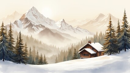 Watercolor drawing depicting a winter forest with snow-capped mountains and a wooden house on a light background.
