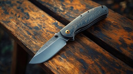 A folding knife resting on a wooden surface.