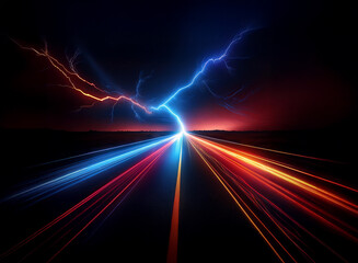 A long, straight road is illuminated by streaks of red and blue light, resembling both lightning bolts and speeding vehicles.