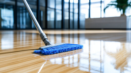 Close-up of mop sweeping across a high-shine floor, capturing an industrial-level clean with a spotless surface and subtle office reflections