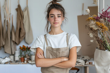 A confident fashion designer stands in her eco friendly studio, showcasing her passion for sustainable fashion. Surrounded by natural materials and floral arrangements, she embodies creativity and ded