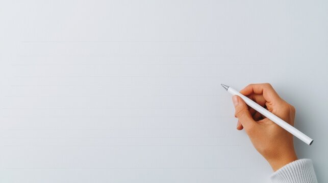A hand holding a pen poised to write on a blank, light-colored wall, symbolizing creativity and new beginnings.