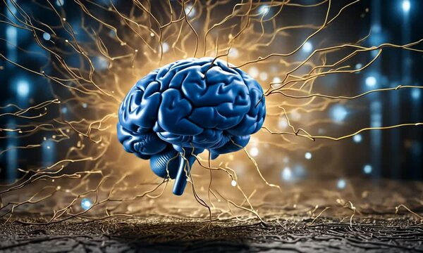 Blue 3D human brain with golden neural network.