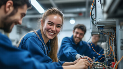 Young electrician students in blue overalls, smiling as they work together on wiring practice, surrounded by tools and electrical panels in a well-lit workshop.