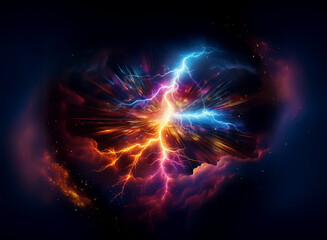 Fototapeta premium A fiery, glowing orb explodes with two streaks of lightning, one blue and one orange, amidst swirling clouds.