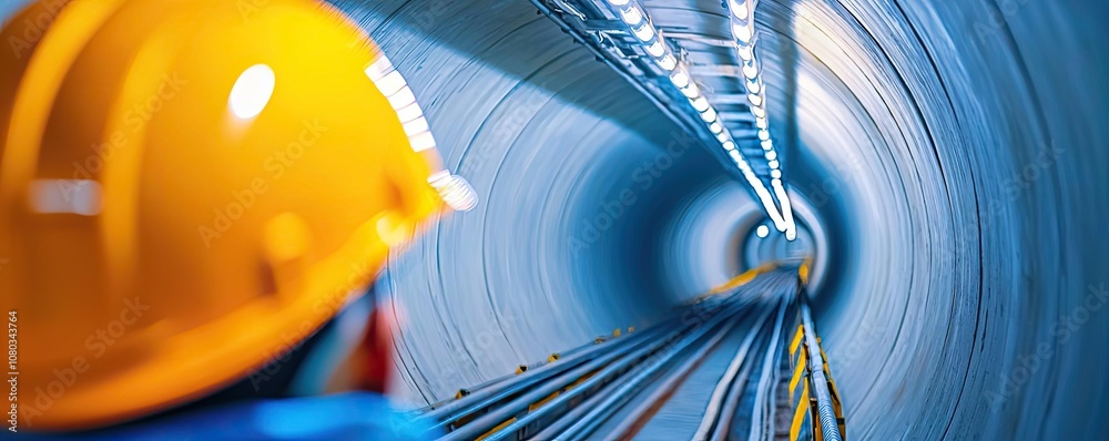 Poster Worker in yellow helmet looking into tunnel with rails and illuminated structure.