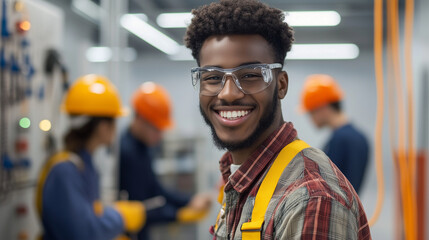 A young electrician student excitedly showing their teacher a completed wiring task, beaming with pride, with classmates working in the background.