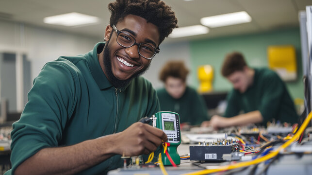 A young electrician student grinning as they test voltage on a circuit with a multimeter, surrounded by classmates focused on their practice work in the background.
