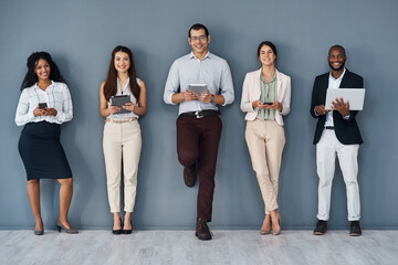 Obraz premium Waiting room, technology and business people in portrait for recruitment, interview and patience in job row. Diversity, men and women as candidates with phone, laptop and tablet for hiring survey