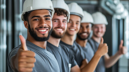 A group of young electrician students giving thumbs-up, celebrating the completion of their practical task, in a bright and spacious vocational training center.