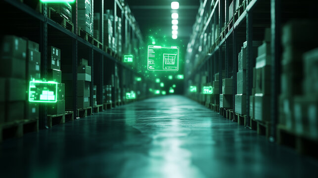 A warehouse aisle filled with holographic AR tags floating above packages, identifying each itemâs status and destination, symbolizing futuristic supply chain operations.