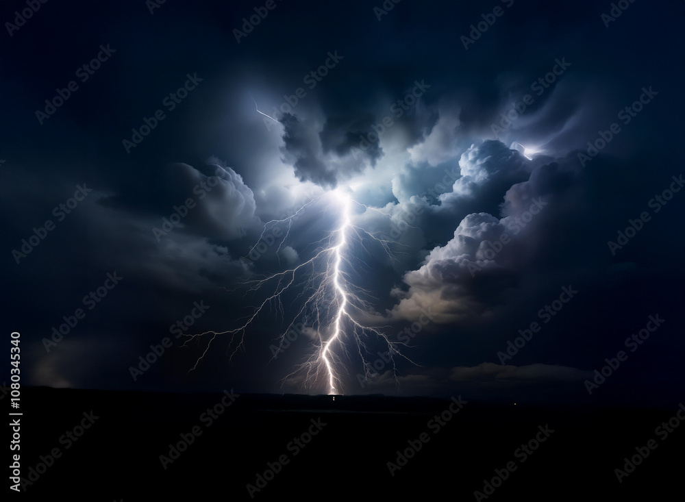Poster a single lightning bolt strikes through a dark stormy sky, illuminating the clouds with a bright fla