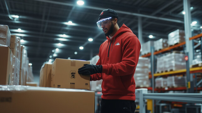 A worker in an ultra-modern warehouse viewing AR overlays on packages, guiding them through a swift and efficient picking process, with robotic systems assisting nearby.