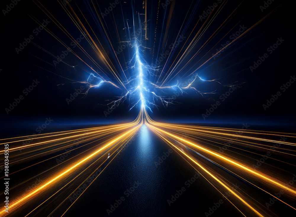 Poster a bright blue lightning bolt explodes upward from a dark, reflective surface. light streaks from the
