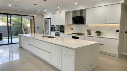 Engineered stone benchtops in a modern kitchen with sleek, minimalist design, showcasing refined surfaces and contemporary style.

