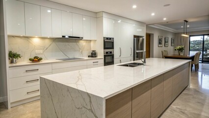 Engineered stone benchtops in a modern kitchen with sleek, minimalist design, showcasing refined surfaces and contemporary style.

