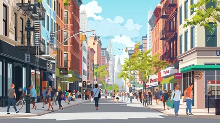 Fototapeta premium A cartoon illustration of a city street with people, shops and buildings.