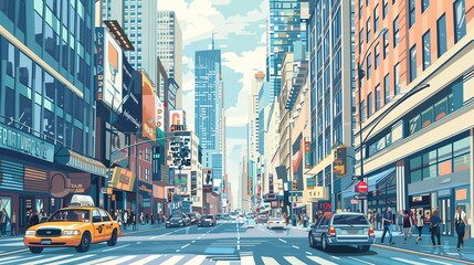 Obraz premium A colorful illustration of a street in New York City.