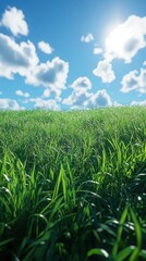 Vibrant Green Grass Under Clear Blue Sky, Ideal for Advertising, High Definition, Crisp Details, Vertical Orientation