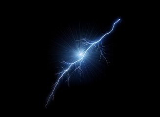 A bright blue lightning bolt streaks across a black background, emanating from a glowing star.