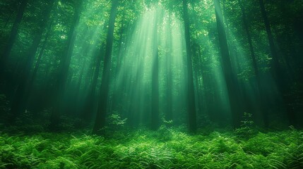 Obraz premium Majestic Sunlight Filtering Through Dense Forest Canopy Illuminating Lush Green Ferns Covering the Ground in a Serene Natural Environment