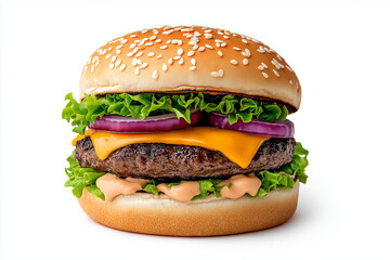 Street food burger with dripping cheese, bold colors, pop art style, isolated on white background