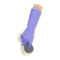 Fototapeta premium A hand in a purple glove cleaning with a brush, flat design style, on a white background. Concept of cleaning. Vector illustration