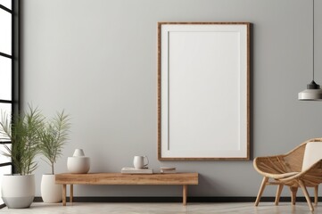 Blank rectangle frame mockup on the wall. Template for painting or poster. Living room interior design. View of modern style interior with artwork mock-up