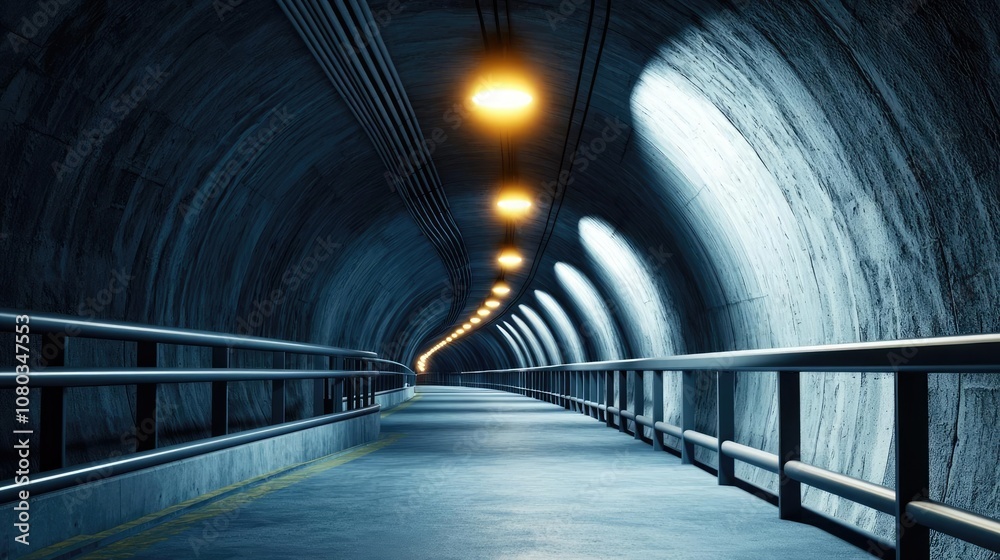 Poster dark tunnel with lights illuminating the pathway, atmospheric and mysterious setting.