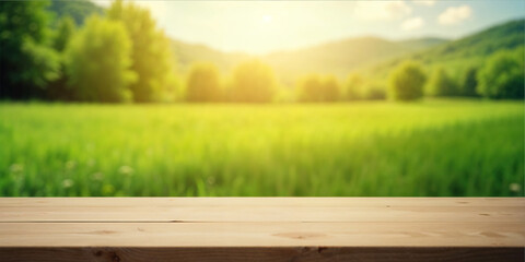 Blank Wood Table Top Blurred Green Rice Field Sky Cloud Background Wooden Desk Montage Product Display Stand For Empty