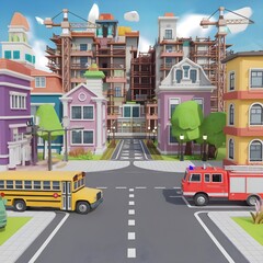 Fototapeta premium 3D rendered image of a vibrant city scene viewed from the beginning of a road. 