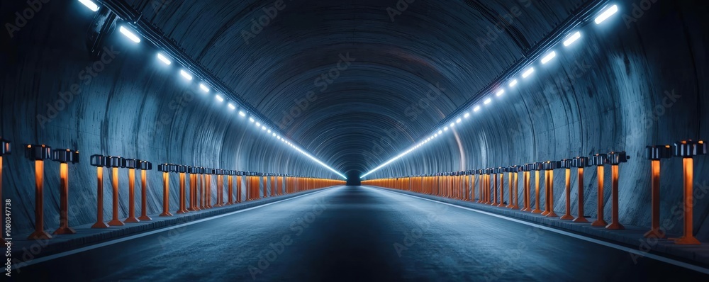 Poster dark tunnel with illuminated walls and road, perspective view, clean lines.