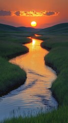 Fototapeta premium Serene grassland with a meandering river mirroring vibrant sunset hues, evoking tranquility and natural beauty.