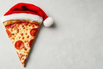 floating a Slice of pizza wearing a festive Santa hat on a white isolate background