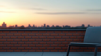 Fototapeta premium Serene Outdoor Balcony View at Sunset with a Modern Chair and Urban Skyline Silhouette in the Background Creating a Relaxing Atmosphere