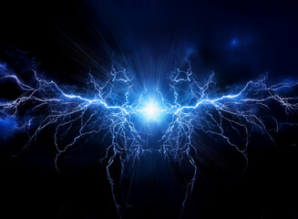 A bright blue light bursts through the darkness, radiating outward in a symmetrical, lightning-like pattern.