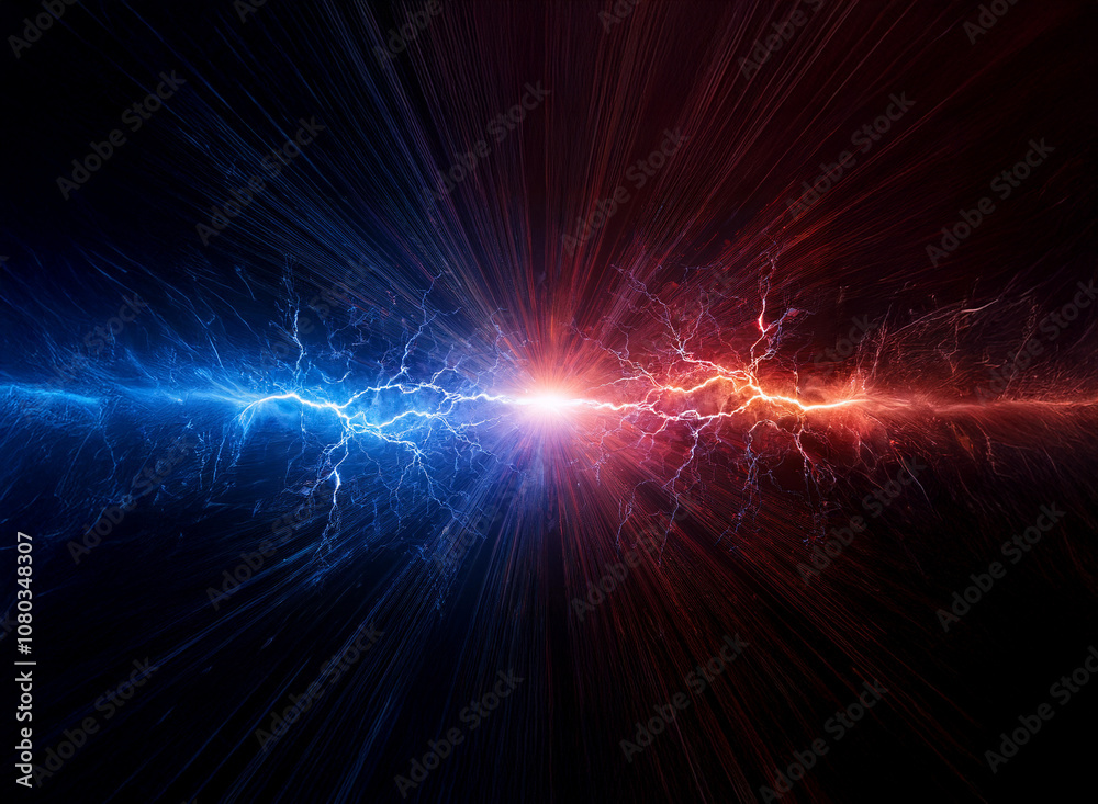 Aufkleber Abstract image of blue and red lightning clashing in the center of the frame against a black background.