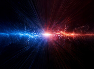 Abstract image of blue and red lightning clashing in the center of the frame against a black background.