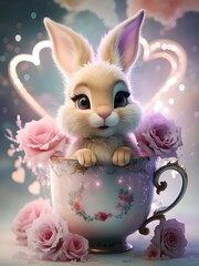 3D watercolor illustration of a cute fluffy baby rabbit nestled in a flower cup adorned.