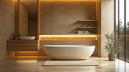 Modern bathroom with freestanding tub, wood vanity, and large window.