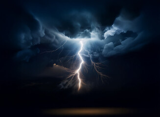 A single bolt of lightning streaks across a dark stormy sky, illuminating the clouds with a brilliant white light.