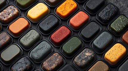 Fototapeta premium A Colorful Array of Water-Resistant Paint Tubes Displayed in a Well-Organized Fashion, Showcasing a Range of Earthy Tones, Textures, and Unique Patterns for Artistic Inspiration
