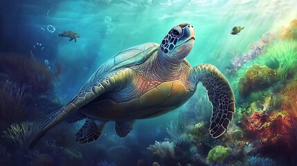 Fototapeta premium A vibrant underwater scene featuring a turtle swimming among colorful coral and fish.