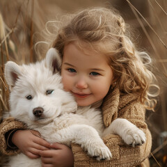 portrait of a little girl with a white puppy