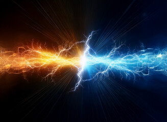Two opposing forces of energy, one blue and one orange, clash against a dark background.