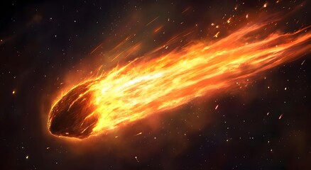 A fiery asteroid flies into space, shining against a dark background of stars. Similar to an elongated lava flow. Concept of a falling meteorite moving through space with a fire trail