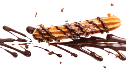 Churros with chocolate drizzle on white transparent background
