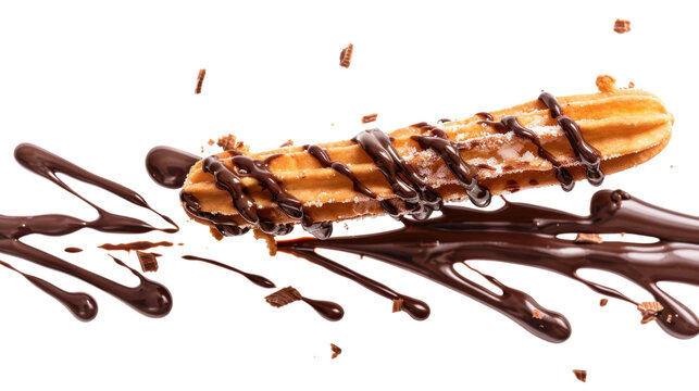 Churros with chocolate drizzle on white transparent background
